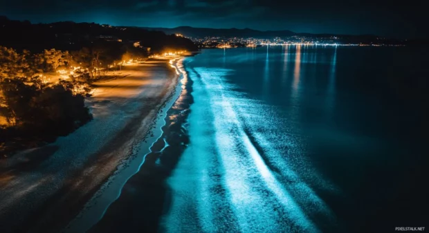 A beachy wallpaper drone shot of a beach at night.