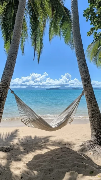 A beachy wallpaper with a hammock tied between two palm trees .