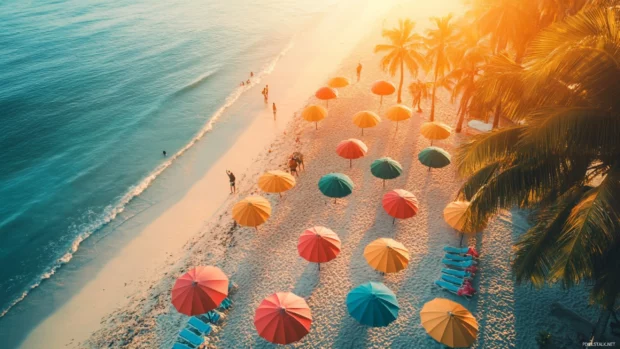 A bird eye view of a beach at sunrise, with colorful umbrellas.