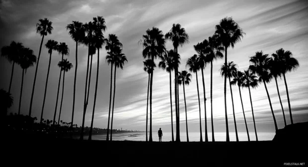 A black and white aesthetic photograph of palm trees silhouetted.