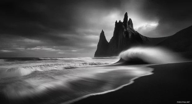 A black and white photograph of a wave crashing on the shore beach scene.