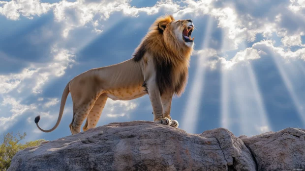 A breathtaking image of a lion roaring proudly atop a rocky outcrop.