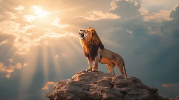 A breathtaking image of a lion roaring proudly atop a rocky outcrop, with dramatic clouds and rays of sunlight breaking through.