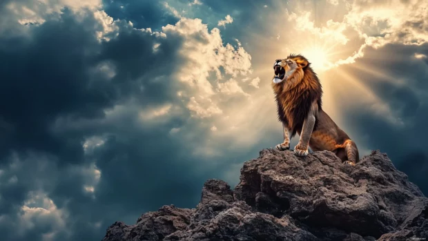 A breathtaking image of a lion roaring proudly atop a rocky outcrop, with dramatic clouds and rays of sunlight breaking through.