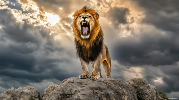 A breathtaking wallpaper of a lion roaring proudly atop a rocky outcrop.