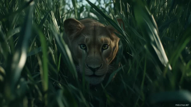 A captivating scene of a lioness stalking through tall grass.