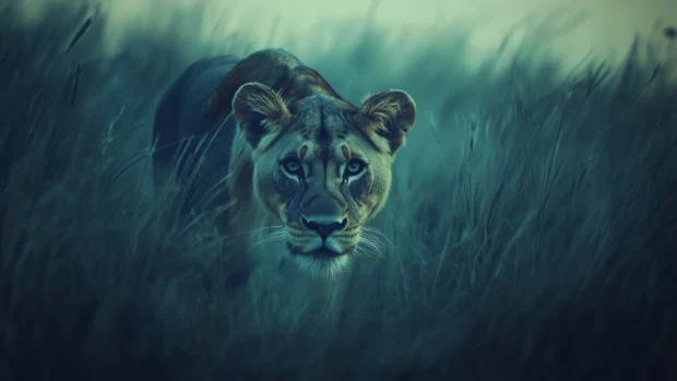 A captivating scene of a lioness stalking through tall grass, her intense gaze focused on the horizon.