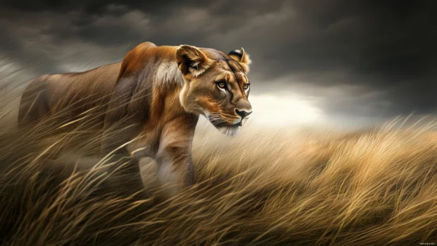 A captivating scene of a lioness stalking through tall grass, her intense gaze focused on the horizon.