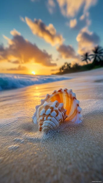 A close up aesthetic wallpaper of a seashell on the sand at sunrise.