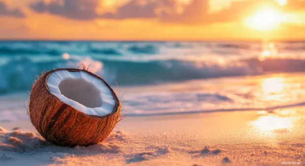 A close up of a coconut on the sand at sunrise.