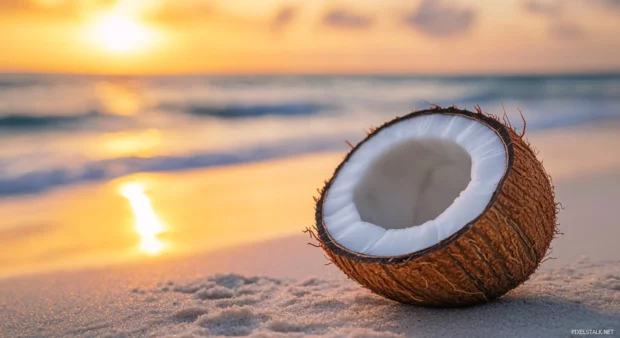 A close up of a coconut on the sand at sunrise wallpaper.