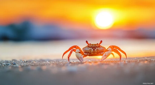 A close up of a crab on the sand at sunrise for desktop wallpaper.