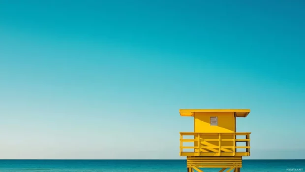 A close up of a lifeguard stand on Miami beach scene.