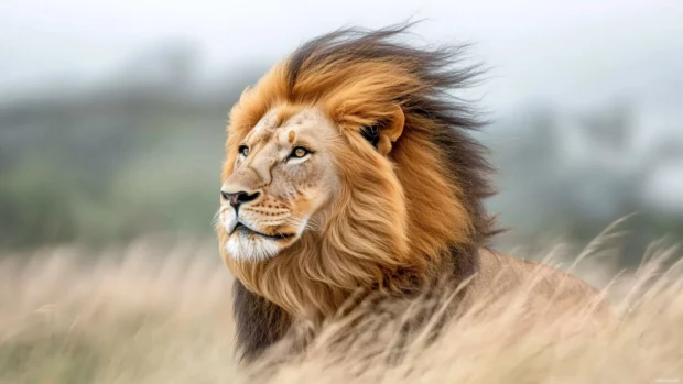 A close up of a lion face, showcasing its piercing eyes and flowing mane, with a soft blurred background of the savanna.