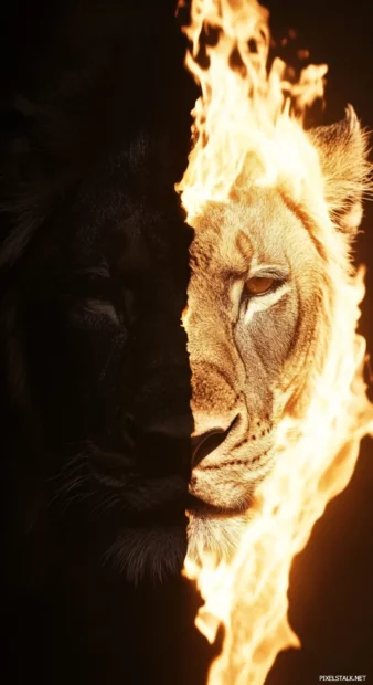 A close up of a lion's face, one half in shadows, the other illuminated by fiery golden light.