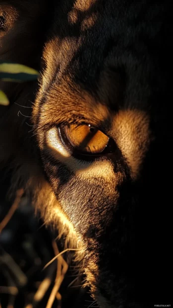 A close up of a lion face, one half in shadows, the other lit by fiery golden light.