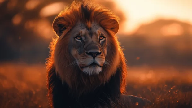 A close up of a lion face, showcasing its piercing eyes and flowing mane.