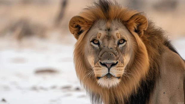 A close up of a lions face, showcasing its piercing eyes and flowing mane.