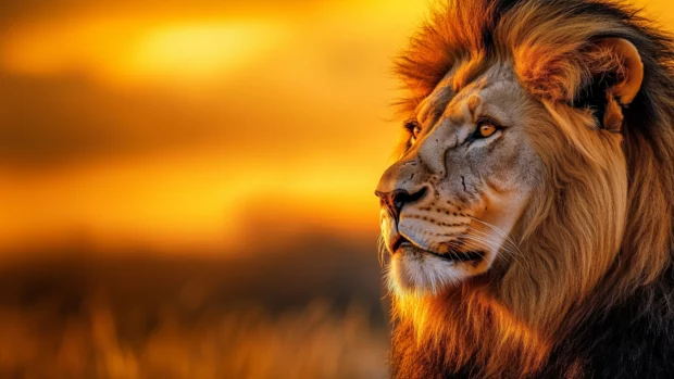 A close up of a lion face, showcasing its piercing eyes and flowing mane, with a soft blurred background of the savanna.