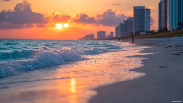 A person walking on the sand at Miami Beach.