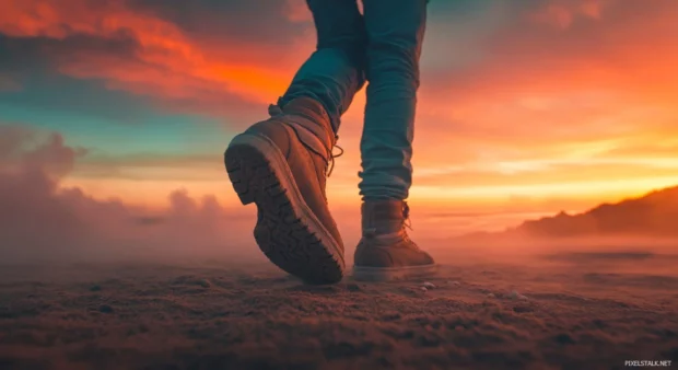 A close up of a person feet walking on the sand at sunrise.