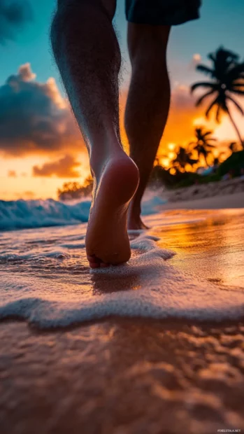 A close up of a person's feet walking on the sand at sunset aesthetic desktop wallpaper.