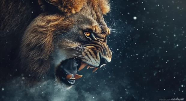 A close up of a roaring lion, its piercing amber eyes filled with rage, steam rising from its breath in the cold night air.