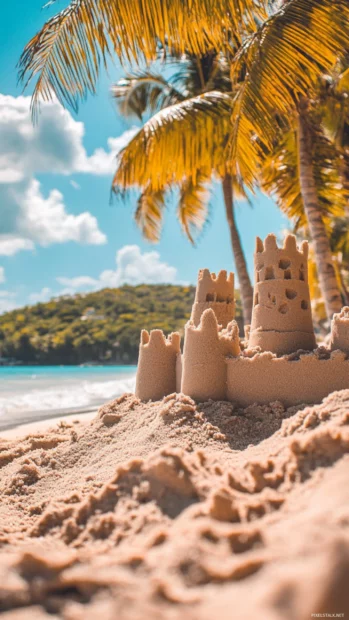 A close up of a sandcastle on the beach for PC.