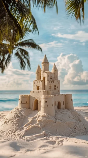 A close up of a sandcastle on the beach wallpaper.