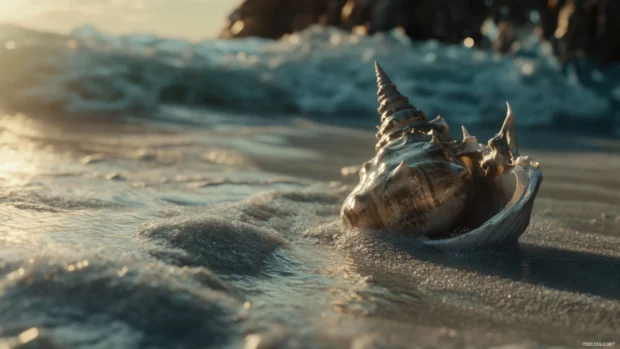 A close up of a seashell on the sand.