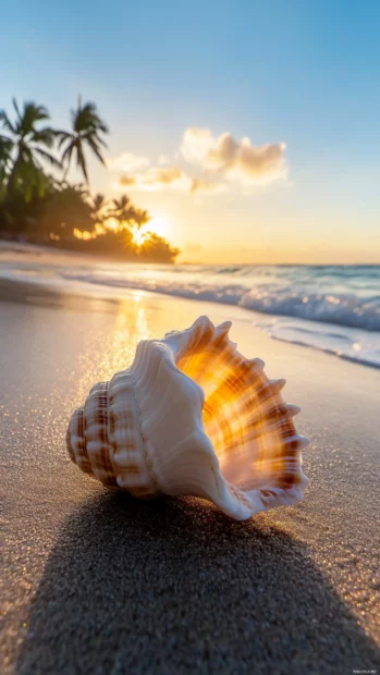 A close up of a seashell on the sand at sunrise.