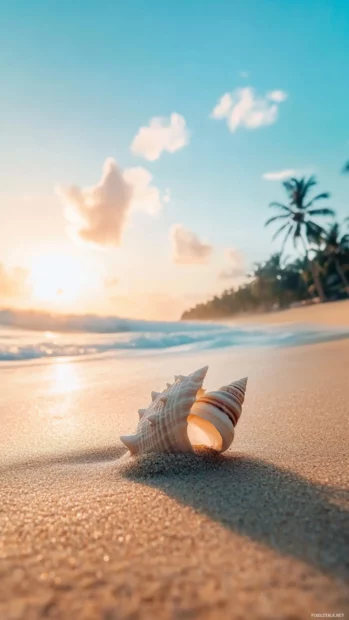 A close up of a seashell on the sand at sunrise iPhone wallpaper.