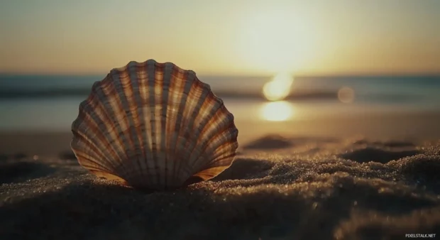 A close up of a seashell on the sand wallpaper.