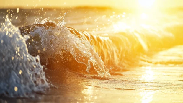 A close up of a wave crashing on the shore at sunrise beach wallpaper.