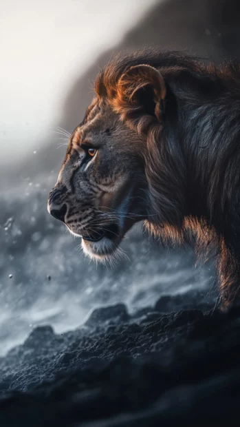 A close up profile of a lion surveying its territory, with a focus on its strong jawline and determined expression.