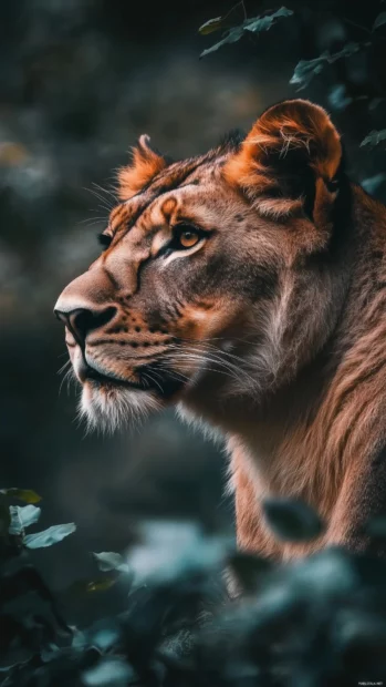 A close up profile of a lion surveying its territory, with a focus on its strong jawline and determined expression.