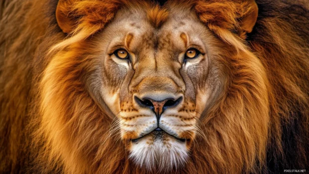 A close up shot of a majestic lion face, showcasing its piercing eyes and detailed mane.