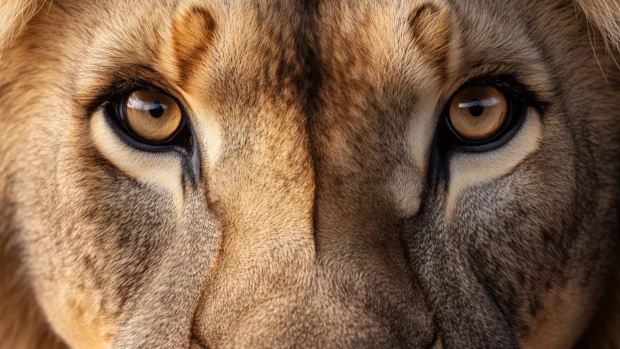 A close up shot of a majestic lion face, showcasing its piercing eyes and detailed mane.