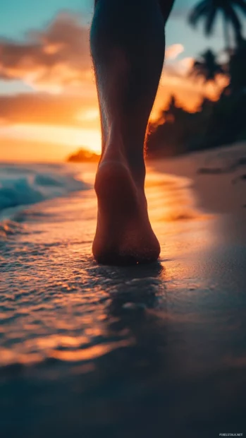 A close up wallpaper of a person feet walking on the sand at sunset.