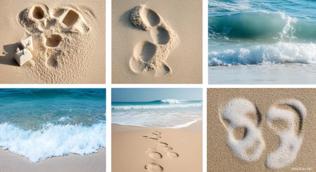 A collage of beach details with close ups of sandcastles, footprints in the sand, and waves crashing.