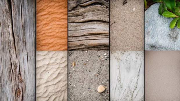 A collage of beach textures with sand, water, wood, and rocks .