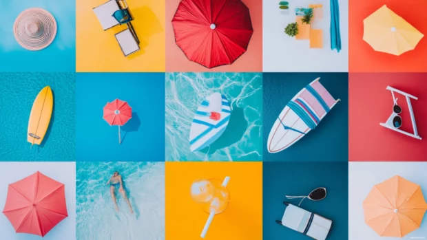 A collage of beach vibes with colorful umbrellas, beach chairs, surfboards, cocktails, and sunglasses.