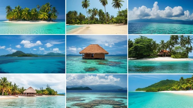 A collage of tropical islands with palm trees and turquoise water wallpaper.