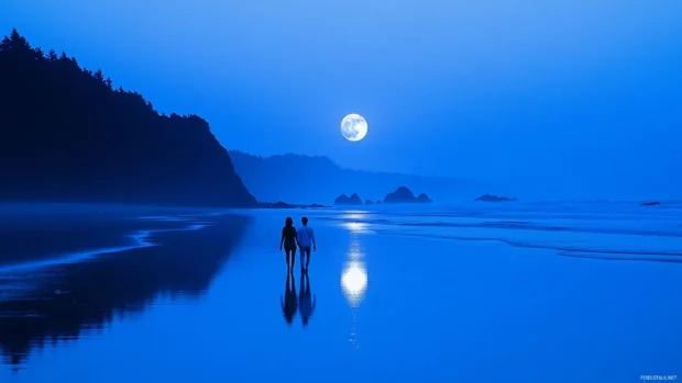 A couple walking hand in hand along a beach at night.