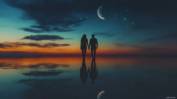 A couple walking hand in hand along a beach at night.