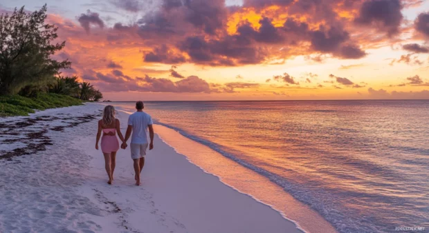 A couple walking hand in hand along the beach at sunrise PC wallpaper.