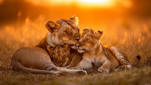 A cub rests with parents, warm sunset above, love and warmth shining through.