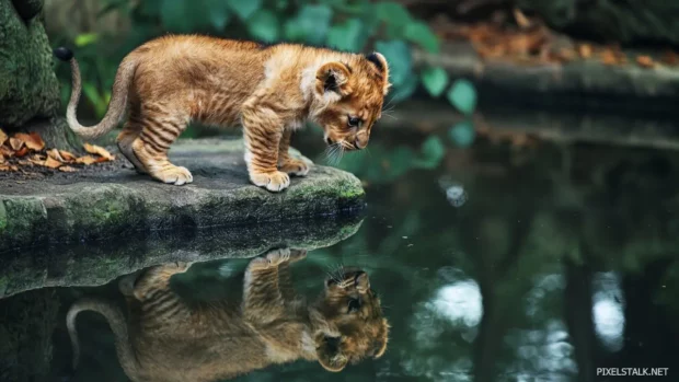 A cub stands at cliff end, fur in the breeze, aspiring to be a mighty king.