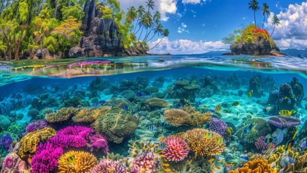 A cute Fiji beach with colorful coral reefs visible in the shallow waters.