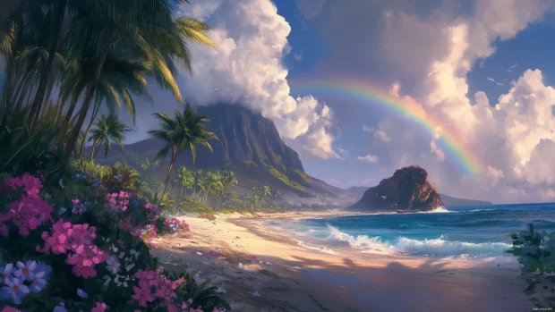 A cute Hawaii beach scene with a rainbow arching over the sea.